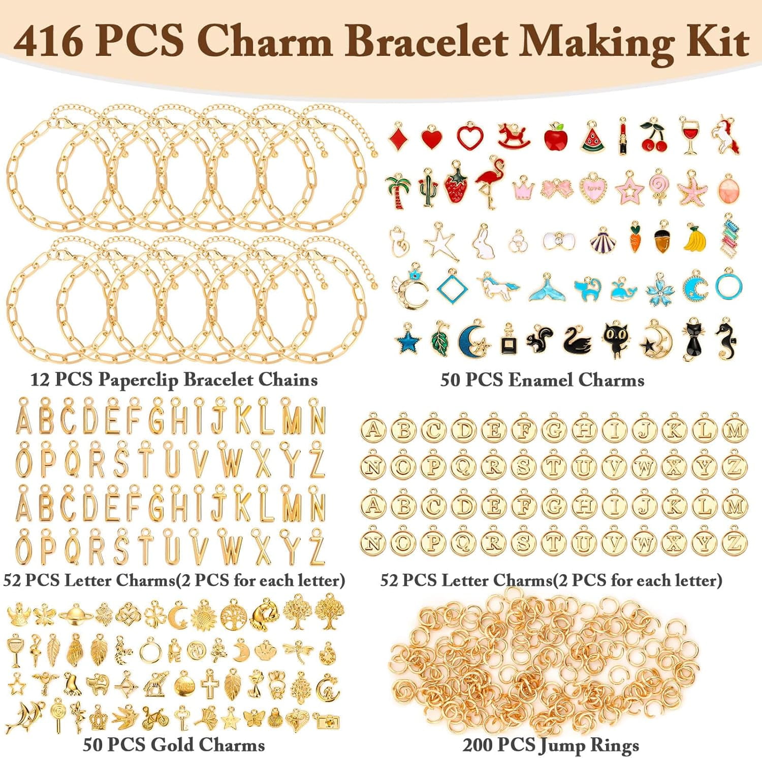 416 Pieces Gold Charm Bracelet Making Kit, Including Paperclip Chain Bracelets, Charms, Jump Rings for Jewelry Making