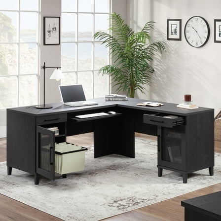 Sauder Tiffin Line Coastal Engineered Wood L-Desk in Raven Oak