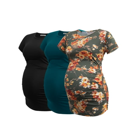 

Smallshow Women s Short Sleeve Maternity Shirt Side Ruched Pregnancy Tunic T-Shirt 3-Pack