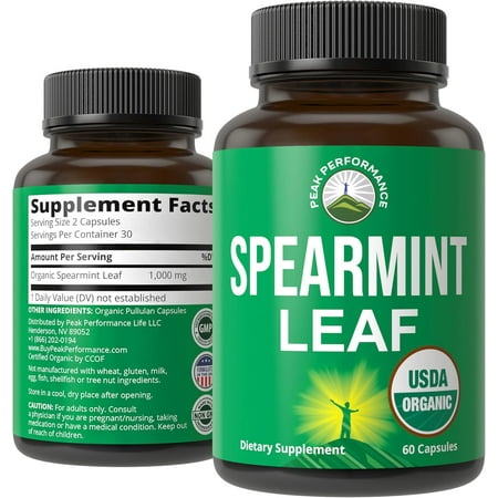 USDA Organic Spearmint Capsules. Organic Vegan Spearmint Leaf Pills for Digestive Support, Ingestion, and More. USA Tested Supplement for Women and Men.