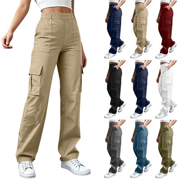 SwiftWear Women Cargo Pants High Waisted Elastic Waistband Straight Leg Trousers with Pockets Casual Hiking Pants