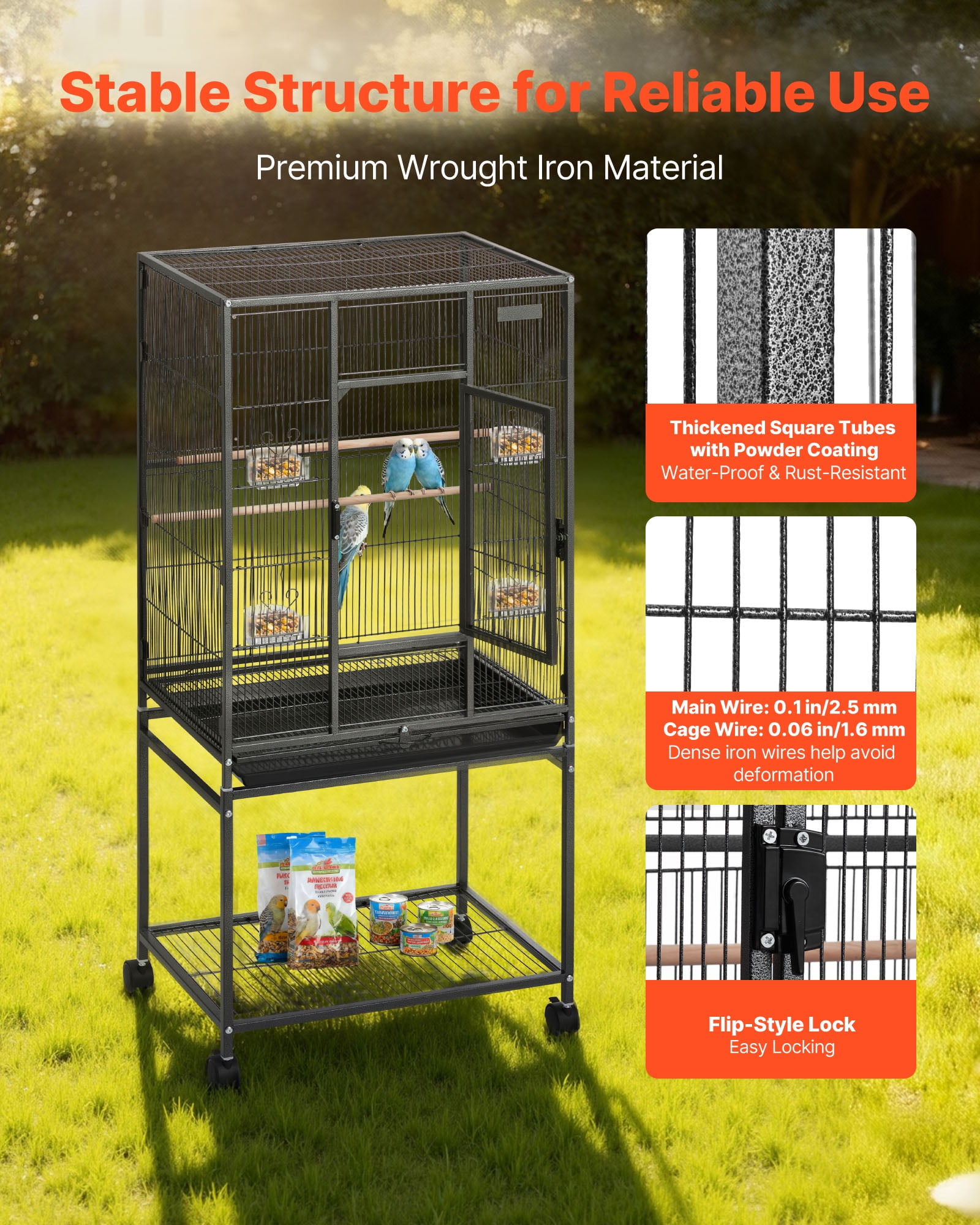 VEVOR Bird Cage, 24.6 x 16.7 x 53.9 in, Flat Top, Wrought Iron Bird Flight Cage with Perches, Slide-Out Tray and Plastic Feeders, Casters, for Parrot, Blue Tit, Cockatiel, Canary, Budgerigar, Conure