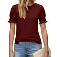 thumbnail image 5 of MaFYtyTPR Women's Short Sleeve Tops Fashion Spring Summer Clothing Solid Color Base T-shirt Lace Sleeve Round Neck Blouse A-Wine L, 5 of 5