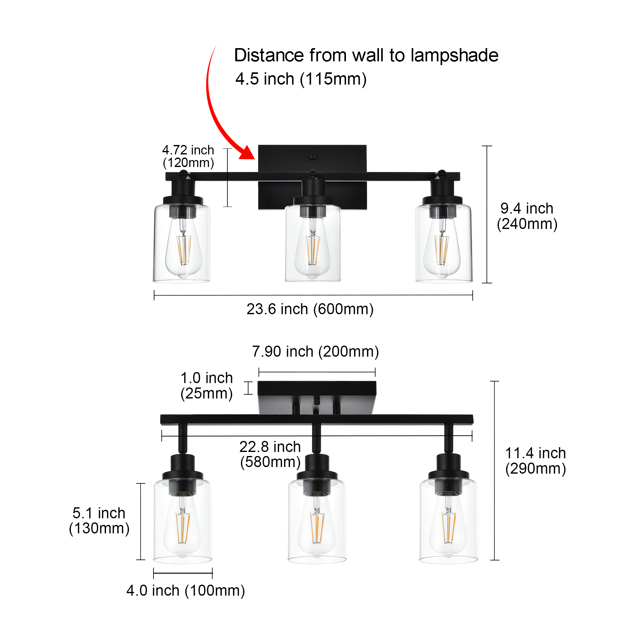 MELUCEE 3 Light Bathroom Vanity Light Black Track Lighting Fixtures Ceiling with Rotatable Track Head