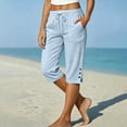 thumbnail image 2 of Cotton Capri Pants for Women Ihhxva Drawstring with Pockets Elastic Waist Button Detail Summer Casual Side Slit Trousers S-2XL, 2 of 8