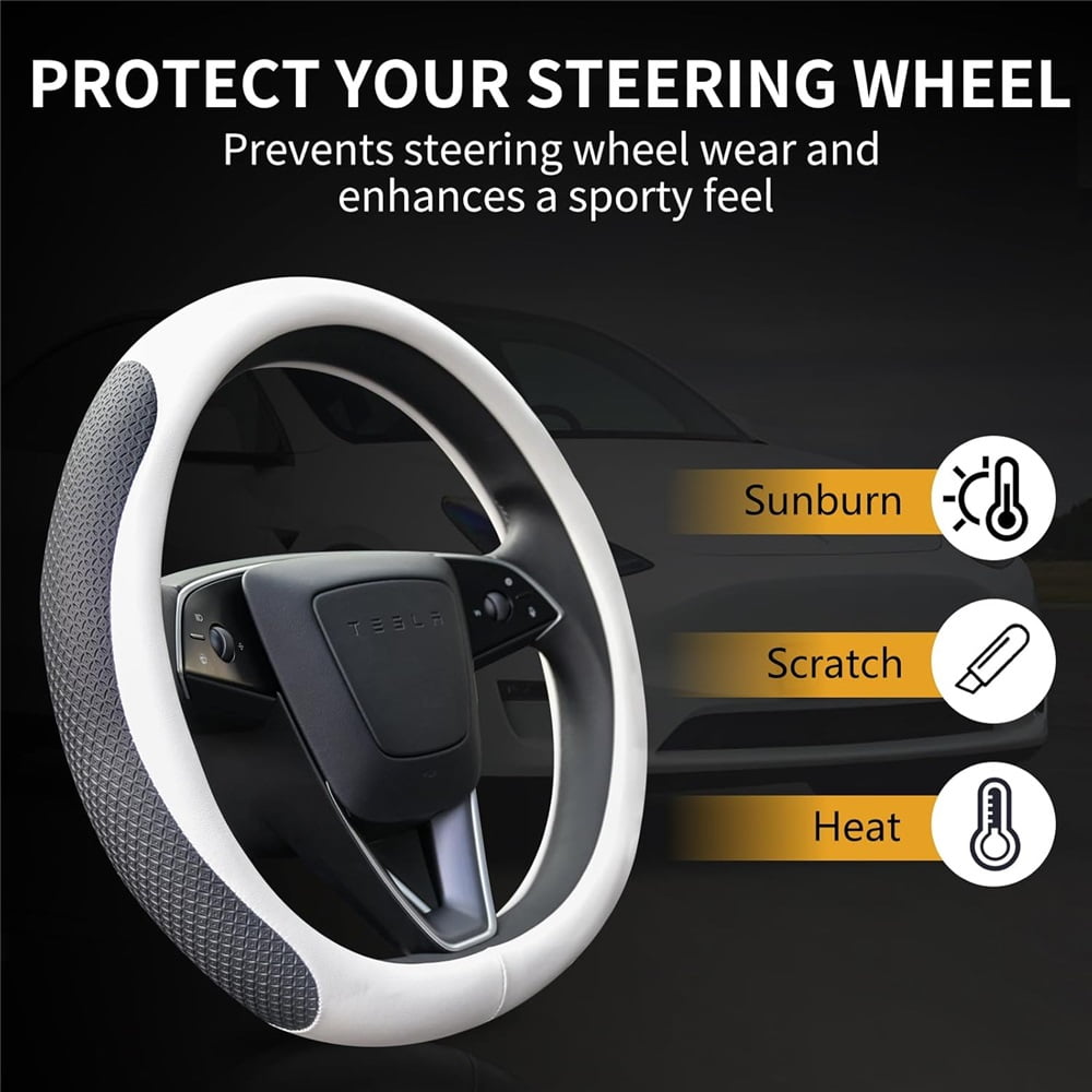Leather Steering Wheel Cover Suitable For Tesla Model3/Y 2016-2025 2026 Juniper/Highland, Non-slip And Breathable Tesla Model3/Y Steering Wheel Protector, White