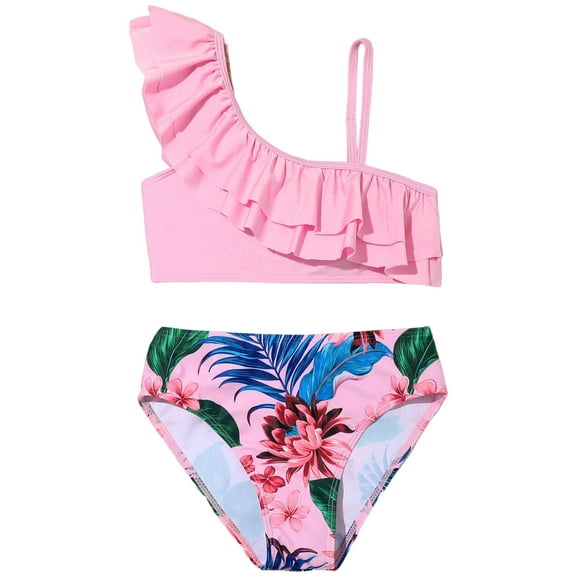 Wuxian Girls Swimsuit Two Pieces Bikini Set Ruffle One Shoulder Adjustable Strap Tops And High Waist Floral Print Bottoms S Youth Fashionable Summer Beach Swimwear Swim Clothes Set,5-6 Years