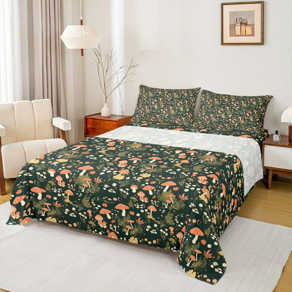 Manfei Cute Mushroom Twin Sheet Sets for Kids Girls, Green Leaves Twin Fitted Sheet, Botanical Plant Theme Flat Sheet, Black Pink Green Room Decor 3-Piece