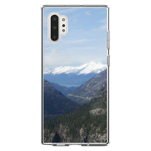 DistinctInk Clear Shockproof Hybrid Case for Galaxy Note 10 PLUS (6.8" Screen) - TPU Bumper, Acrylic Back, Tempered Glass Screen Protector - Skagway Alaska Mountains