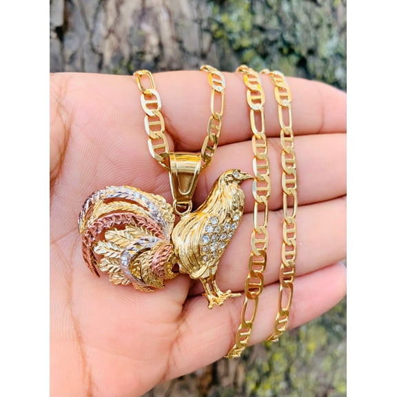 primejewelry269 Rooster Chicken Pendant Necklace, Cubic Zirconia, 14K Gold Filled, 24" Figaro Chain