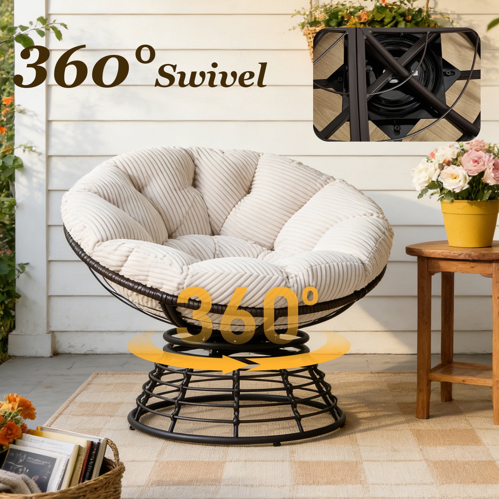 MOONMISS 360° Swivel Wicker Papasan Chair with Soft Thick Cushion for Living Room,White