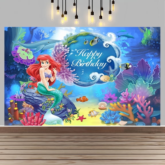 Mermaid Happy Birthday Anime Cartoon Theme Backdrops Banner Birthday Party Decor Supplies(5x3ft)