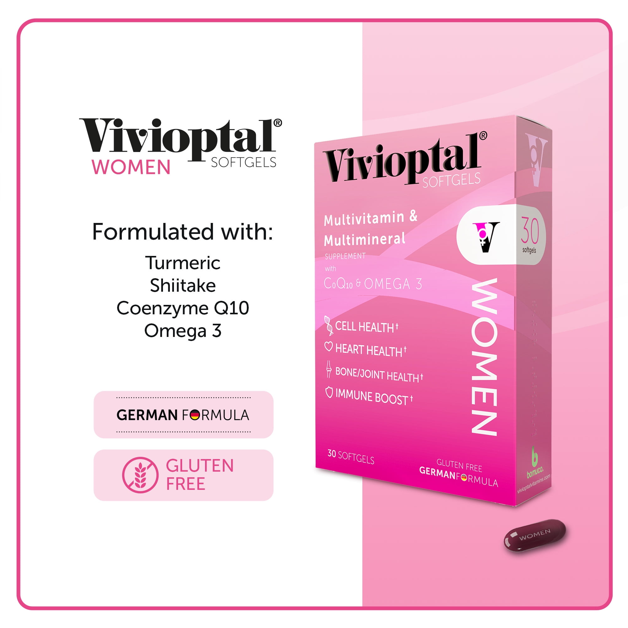 Vivioptal Women, 30 Softgels (330 Units), CoQ10 & Omega-3, Multivitamin & Multimineral, Gluten Free, German Formula