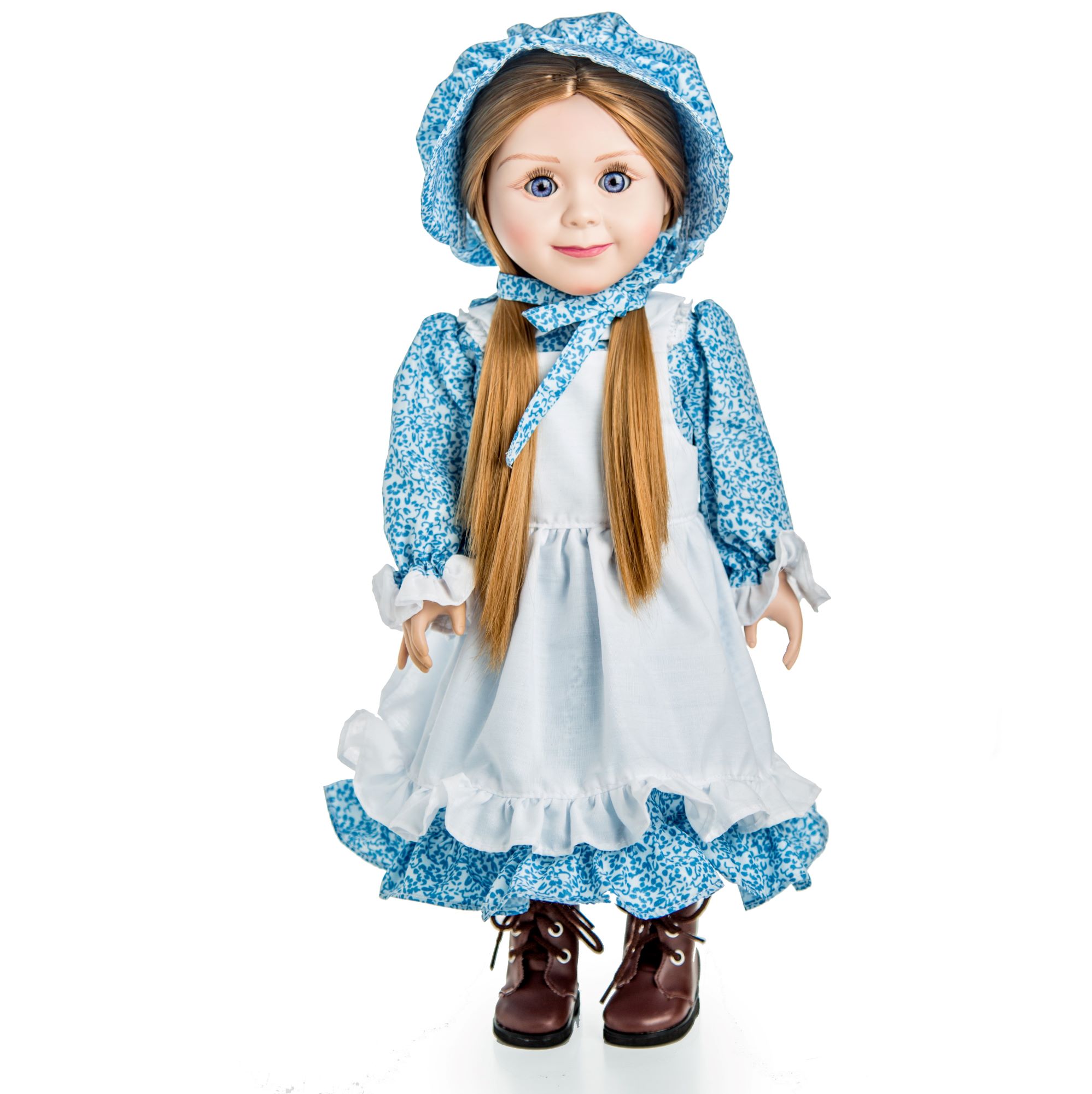 The Queen's Treasures 18 Inch Doll Clothes, Little House on The Prairie Blue Calico Dress with Bonnet, Apron, and Pantaloons, Compatible For Use with American Girl Dolls