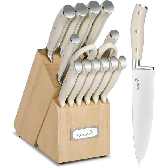 Chef Knife Set,High Carbon Stainless Steel Knife Set Ergonomic Handle,Kitchen Knife Block Set with Built-in ener(Ivory Pro,15PCS)