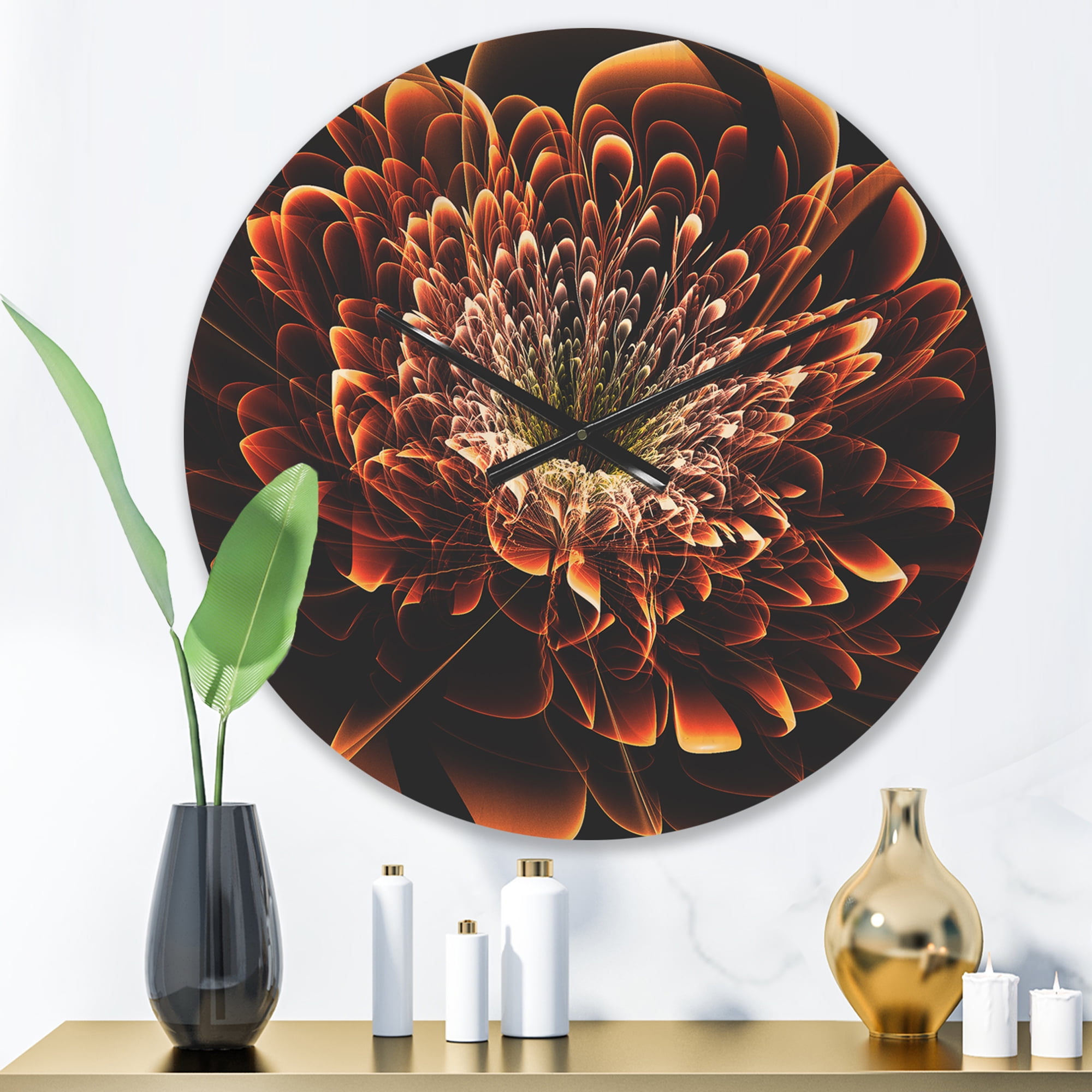 Designart 'Brown Fractal Flower On Black' Modern Wood Wall Clock