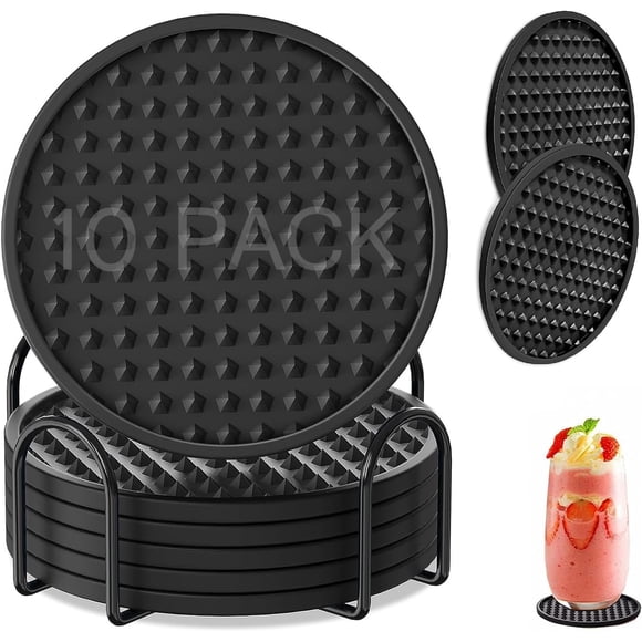 10 Piezas Posavasos para Mesa, Portavasos de Silicona Antideslizantes, Posavasos para Bebidas con Soporte Posavasos Redondos Antideslizante, Coasters para Bar, Hogar, Restaurante (Negr