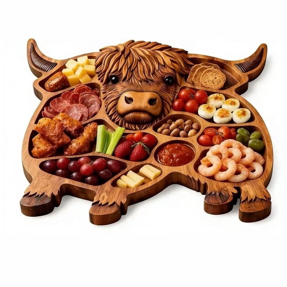 Highland Cow Charcuterie Board, Solid Wood Cheese & Serving Board with 3D Carved Design, Farmhouse Wooden Charcuterie Board for Meats, Cheese & Snacks, Housewarming Gift