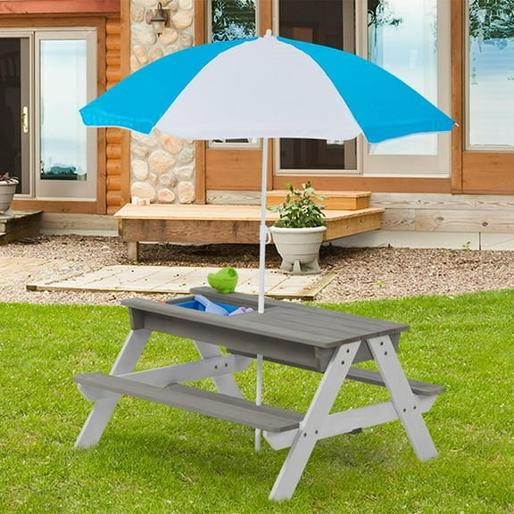 Holaki Kids Picnic Table, Toddler Wooden Table & Bench Set w/Removable & Foldable Umbrella, 3 in 1 Convertible Sand & Water Table with Storage Boxes & Removable Tabletop for Garden, Backyard, Patio