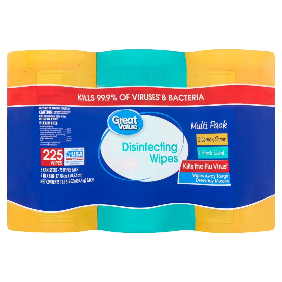 Great Value Disinfecting Wipes, Lemon and Fresh Scent, 225 Count, 3 Pack