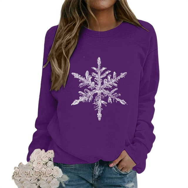 Chandail à Col Rond pour Femmes à Imprimé Flocon de Neige, Haut Décontracté à Manches Longues à Enfiler à Thème Hivernal, Vêtement d'Intérieur en Molleton Français Doux pour l'Automne et l'Hiver, Usage Quotidien et Cadeaux des Fêtes - Violet