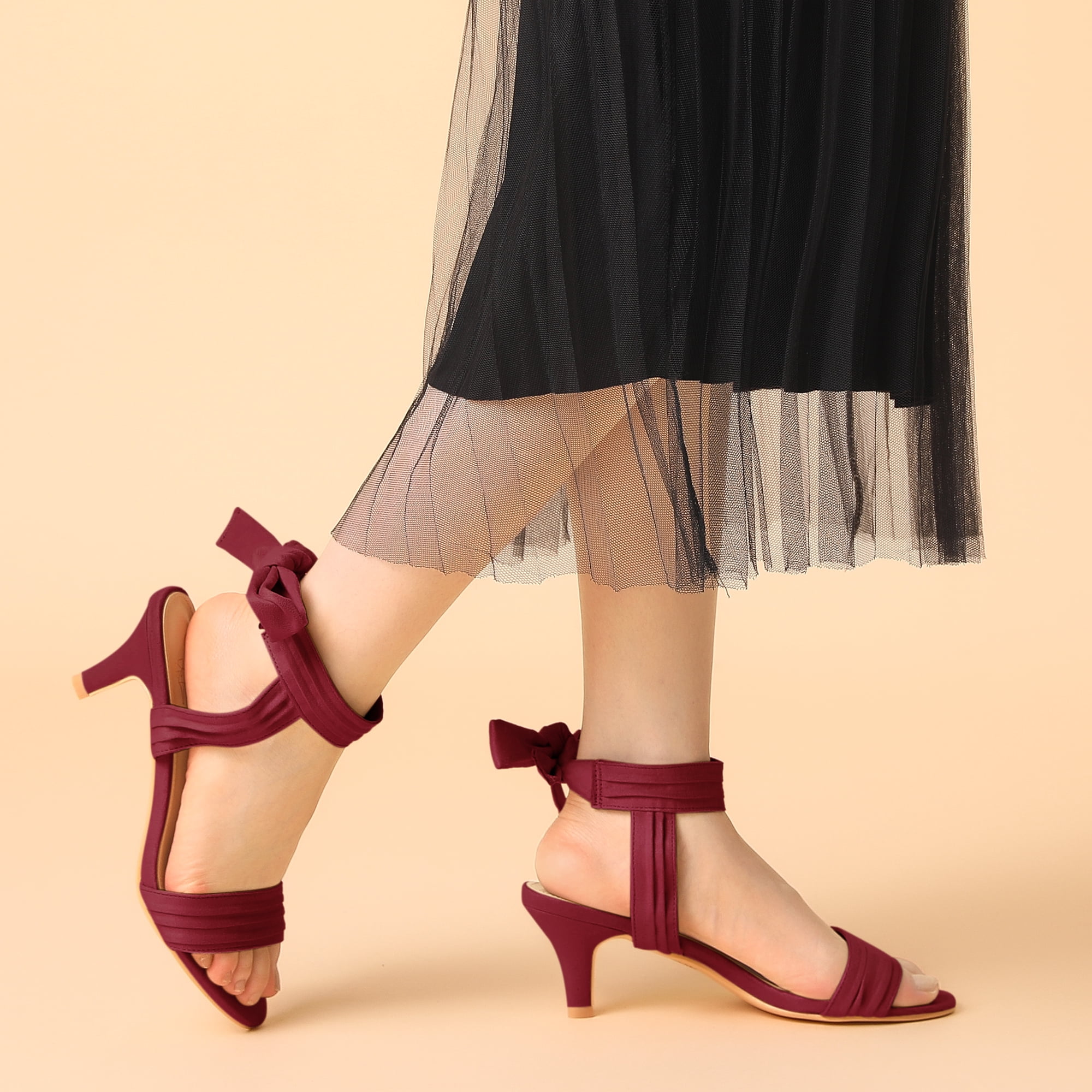 Unique Bargains Women's Open Toe Ankle Bow Tie Mid Heel Sandals
