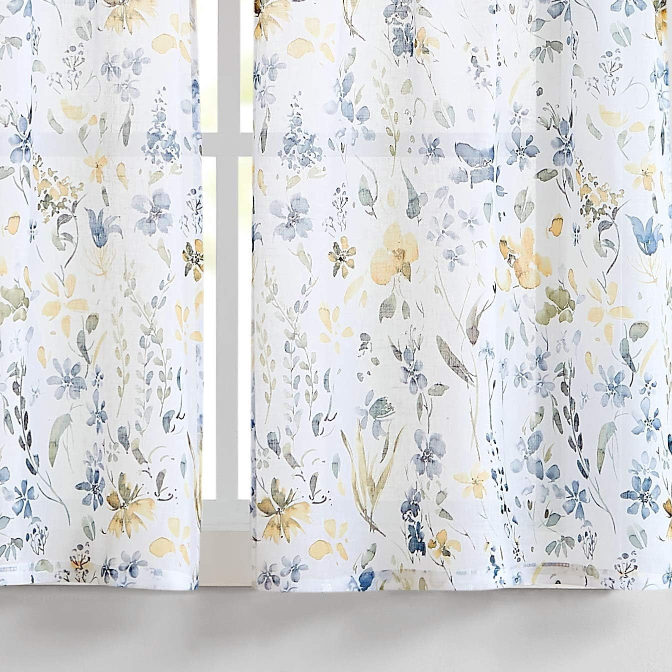 Watercolor Floral Sheer Kitchen Curtains and Valances Set for Cafe 3 Piece Yellow and Grey Flower Print Tiers&Valance Set 24 inch Length Rod Pocket