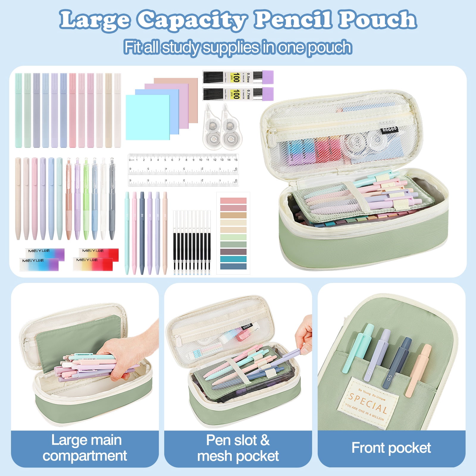 MoKo 56Pcs Aesthetic School Supplies with Pencil Case for Students Stationary College Essentials，Green