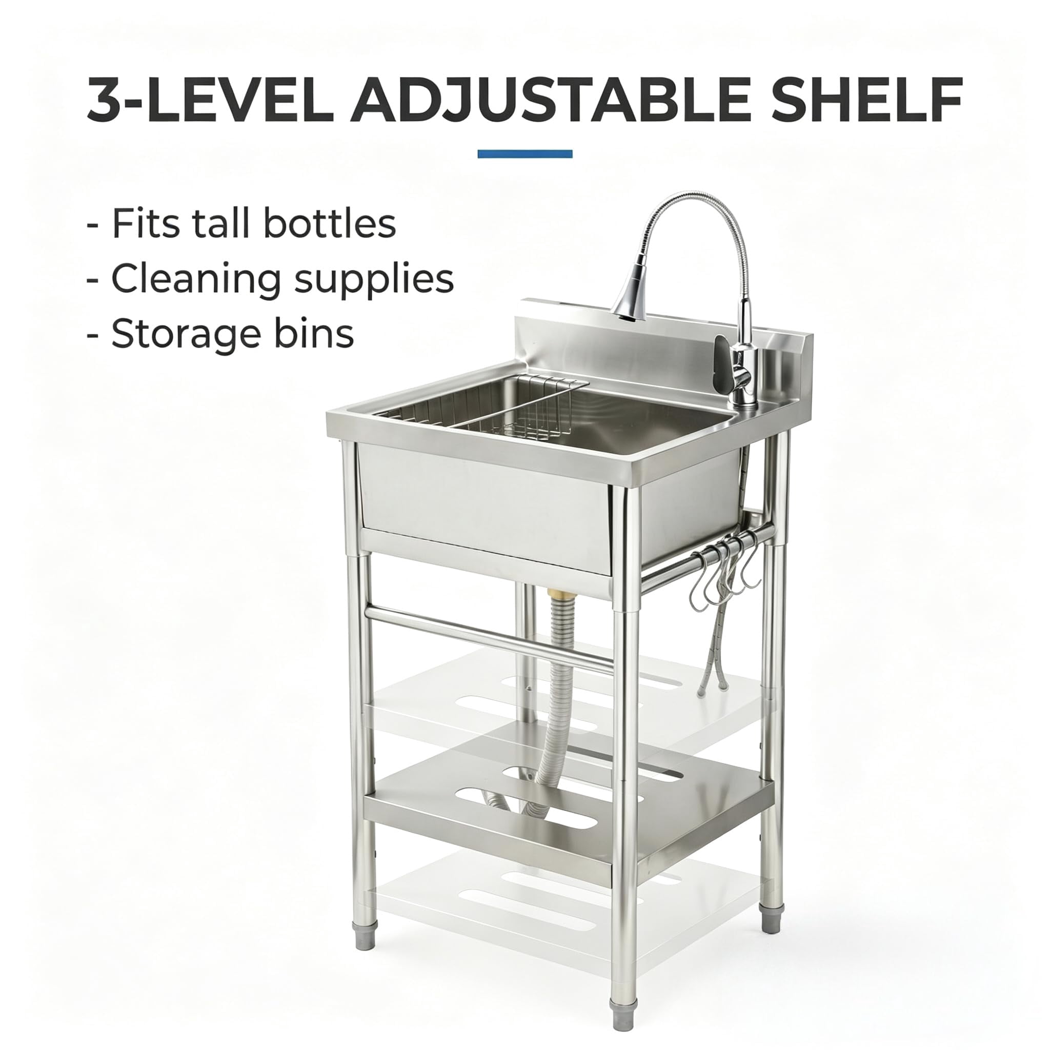 Kicctian Stainless Steel Utility Sink, 22'' × 20'' × 39'' Freestanding Stainless Steel Single Bowl Laundry Sink with swivel horn style faucets for Kitchen, Bathroom, Garage or Basement