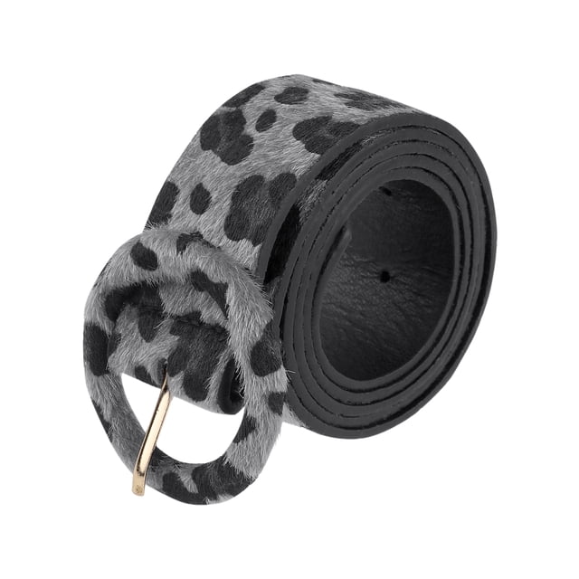 Cinturones retro impresos de leopardo para mujeres INSPIRE CHIC, ancho de 1.5" de cuero sintético con hebilla redonda para pantalones vaqueros 44.1x1.5" (LxA) negro gris