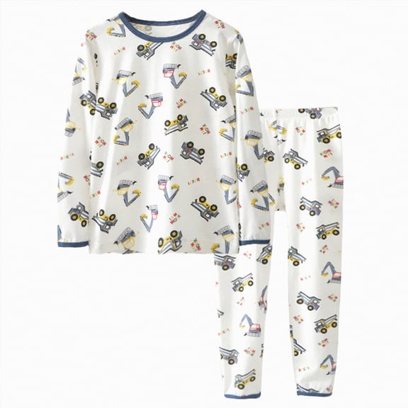 Hessimy Toddler Boys Girls Spring Summer Cute Cartoon Print 2Pcs Snug Fit Long Sleeve Soft Warm Sleepwear Pajamas Tops Pants(White,2-3 Years)