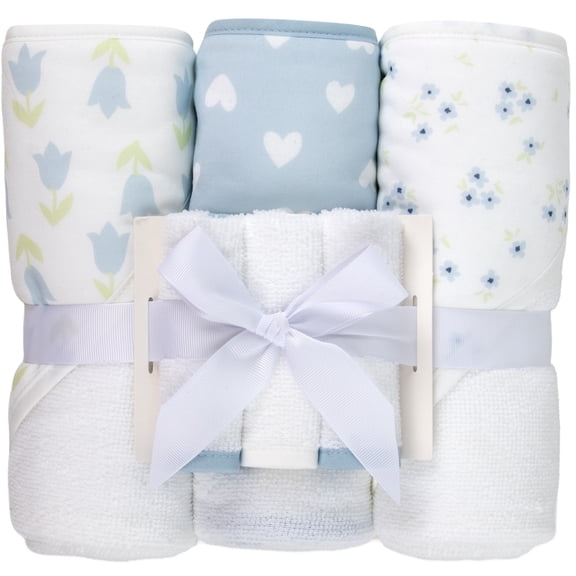 Jessica Simpson Baby 6-Piece Hooded Towel & Washcloth Set  Soft Polyester Hooded Towels + Matching Washcloths  Blue & Neutral Floral Design
