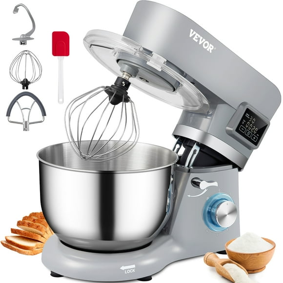 VEVOR Stand Mixer 5.8 Qt 660W, Classic Gray with Dough Hook, Flat Beater, Whisk, Scraper