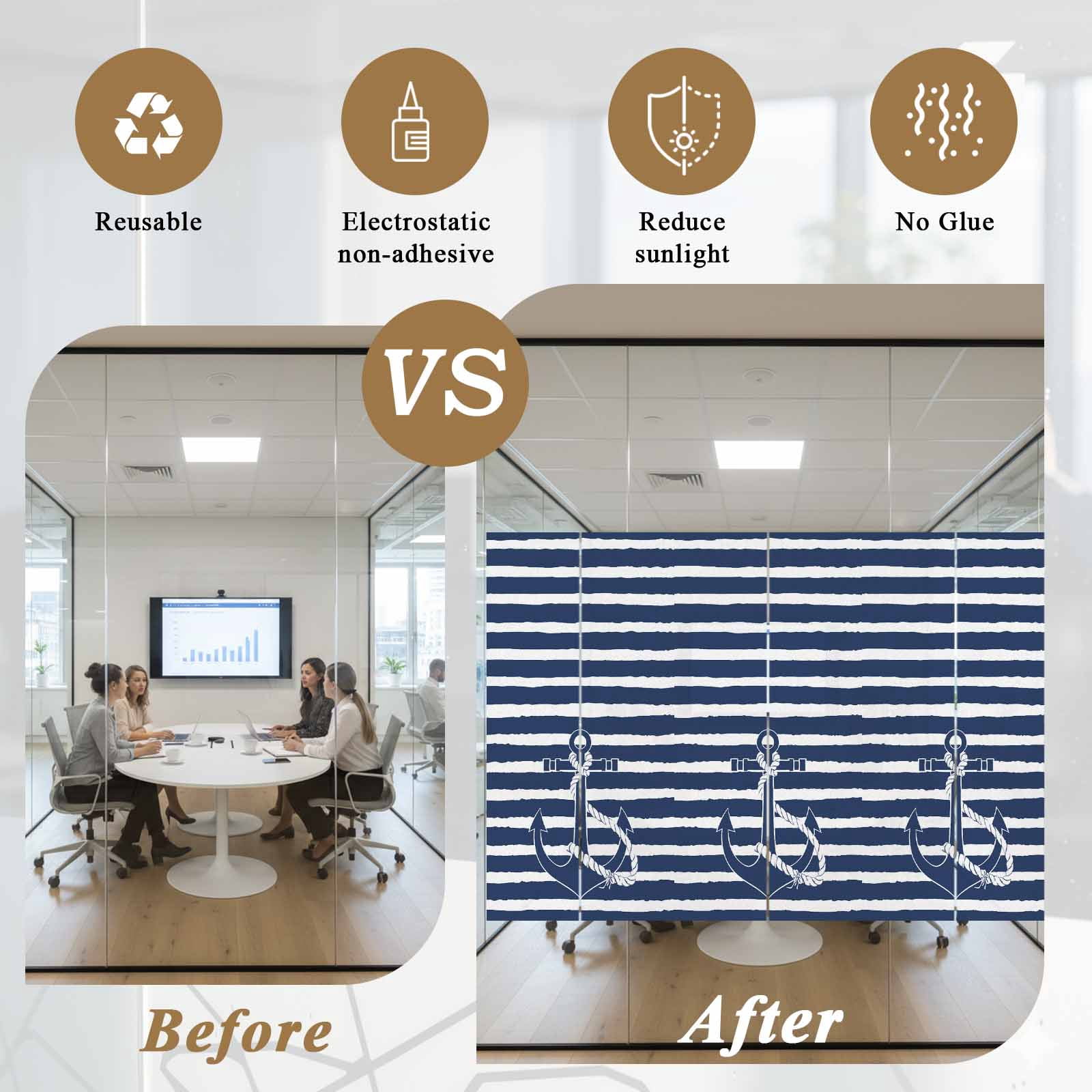 Nautical Window Privacy Film Navy Blue and White Striped Retro Anchor Decorative Glass Window Film UV Blocking Static Cling Non-Adhesive Sticker Covering for Home Door 35.4x78.7 inches
