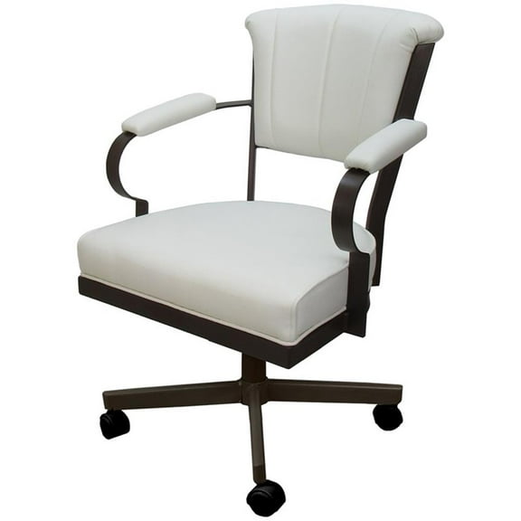 Miami Swivel Tilt Metal Caster Chair - White Vinyl - Brown Frame