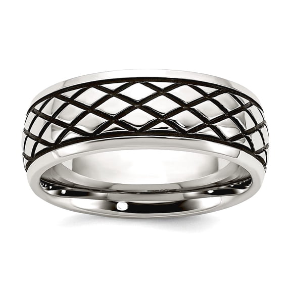 Stainless Steel Oxidized and Polished Checkered Pattern 8mm Band Size 9.5 Ring for Women and Men