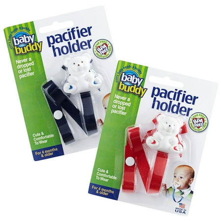 Bear Pacifier Holder - Bear Pacifier Holder Keeps Pacifiers Nearby and Off the Ground, Pick the Clip that Grips so Kids Won’t Pull the Binky Off, Metal Snaps instead of Velcro, BPA Free, 2 Count Value Pack, NAVY-RED