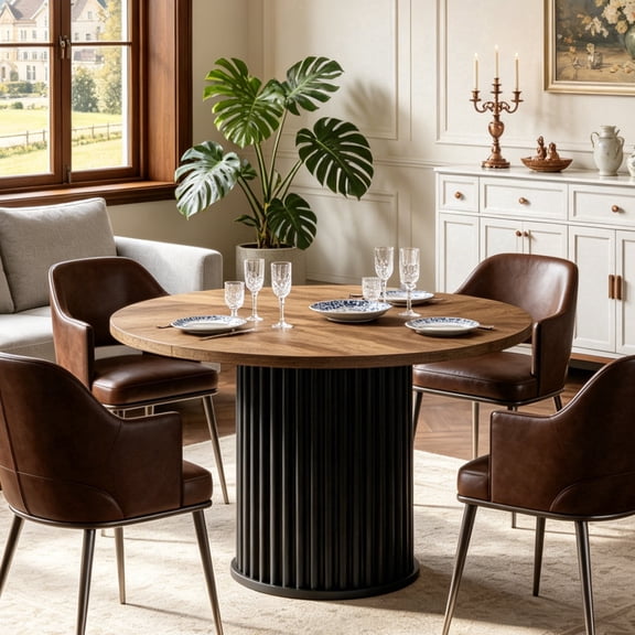 Fnova 47.24" Round Dining Table, Wood Coffee Table for 4 People, Modern Farmhouse Kitchen Table for Dining Room (Chairs Not Included)