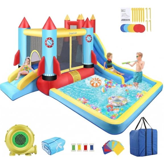 Veeboto Bounce House with Blower, Inflatable Water Slide with Climbing Wall, Pool/Ball Pit, Double Slide and Bouncing Area, 5-in-1 Indoor/Outdoor Bouncy Castle for both Dry and Wet, Durable PVC