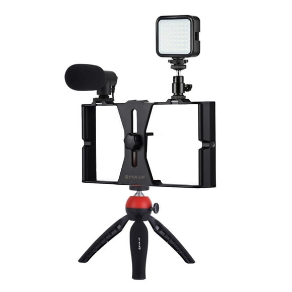 Miulika Support Vidéo pour Téléphone Intelligent Prise Vidéo pour Téléphone Intelligent avec Microphone + Lumière Vidéo + Tête Trépied + Mini Trépied Rouge
