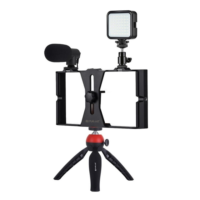 Miulika Support Vidéo pour Téléphone Intelligent Prise Vidéo pour Téléphone Intelligent avec Microphone + Lumière Vidéo + Tête Trépied + Mini Trépied Rouge