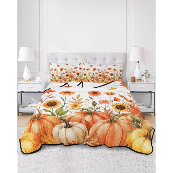 Twin Quilt Bedding Set Farm Thanksgiving Pumpkins Summer Quilt Lightweight Quilted Coverlet with 2 Pillow Shams, Sunflowers Maple Leaf 3-Piece Bedspread Quilt Set for All Season