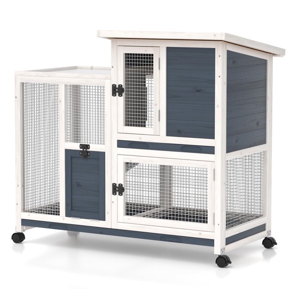 Phonjoroo Rabbit Hutch Indoor Bunny Cage Outdoor Wooden Guinea Pig House for Small Animals with Wheels, Ramp & Ramovable Tray (Grayish Blue)