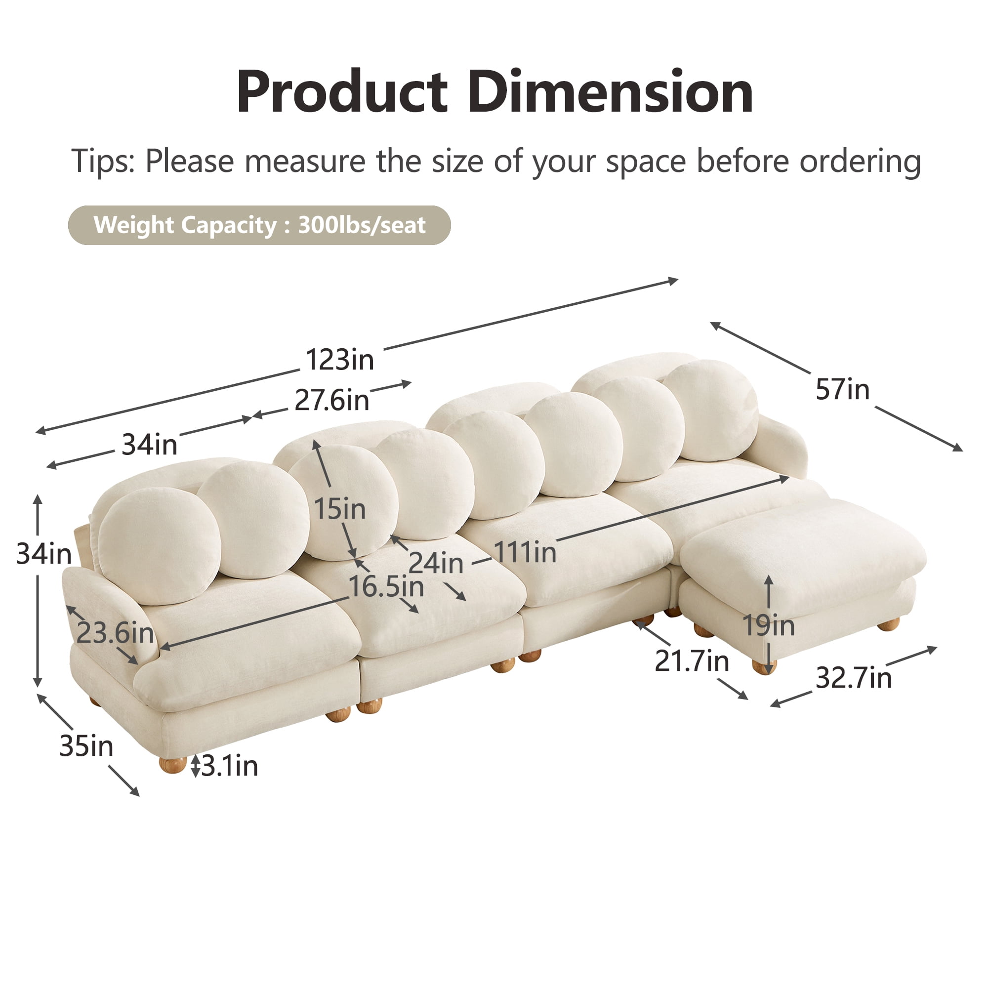 123" L-shaped 5 Seater Comfy Chenille Modular Sectional Sofa Couch with 8 Throw Pillows and Ottoman