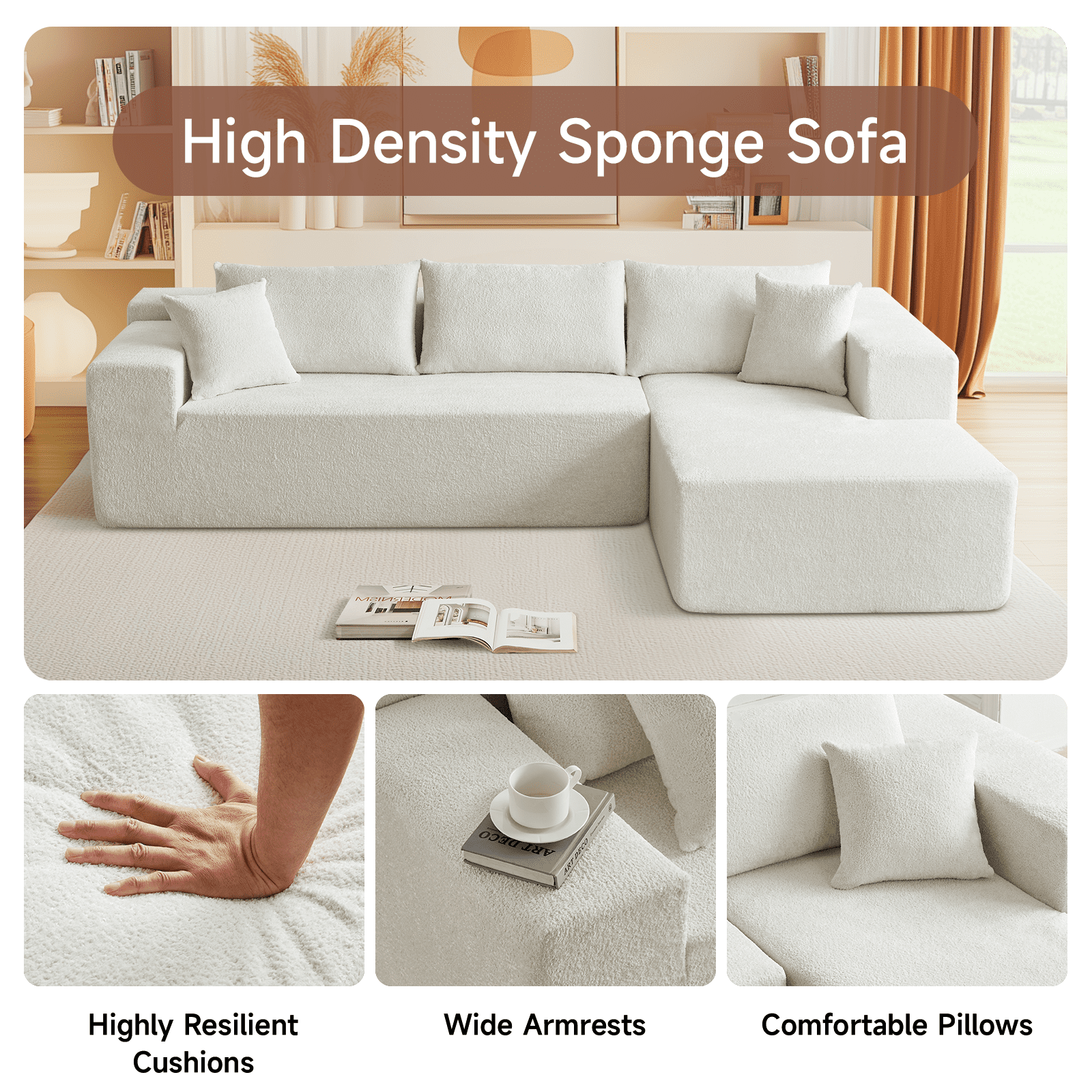 104" Sectional Sofa, L-Shaped Modern Modular High-Density Sponge Corner Sofa with Chaise Lounge & Pillows, Upholstered Cloud Couch for Living Room Bedroom Apartment