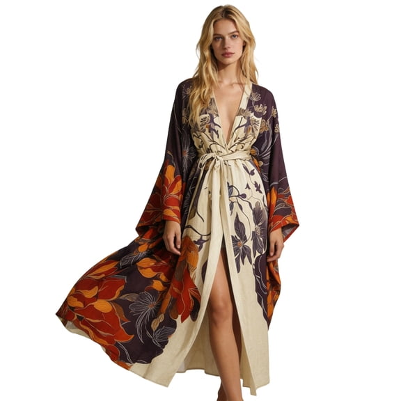 XIAONU Floral-Print Kimono-Style Maxi Robe for Women Wide-Sleeve Elegant Wrap-Front Bedtime Nightwear
