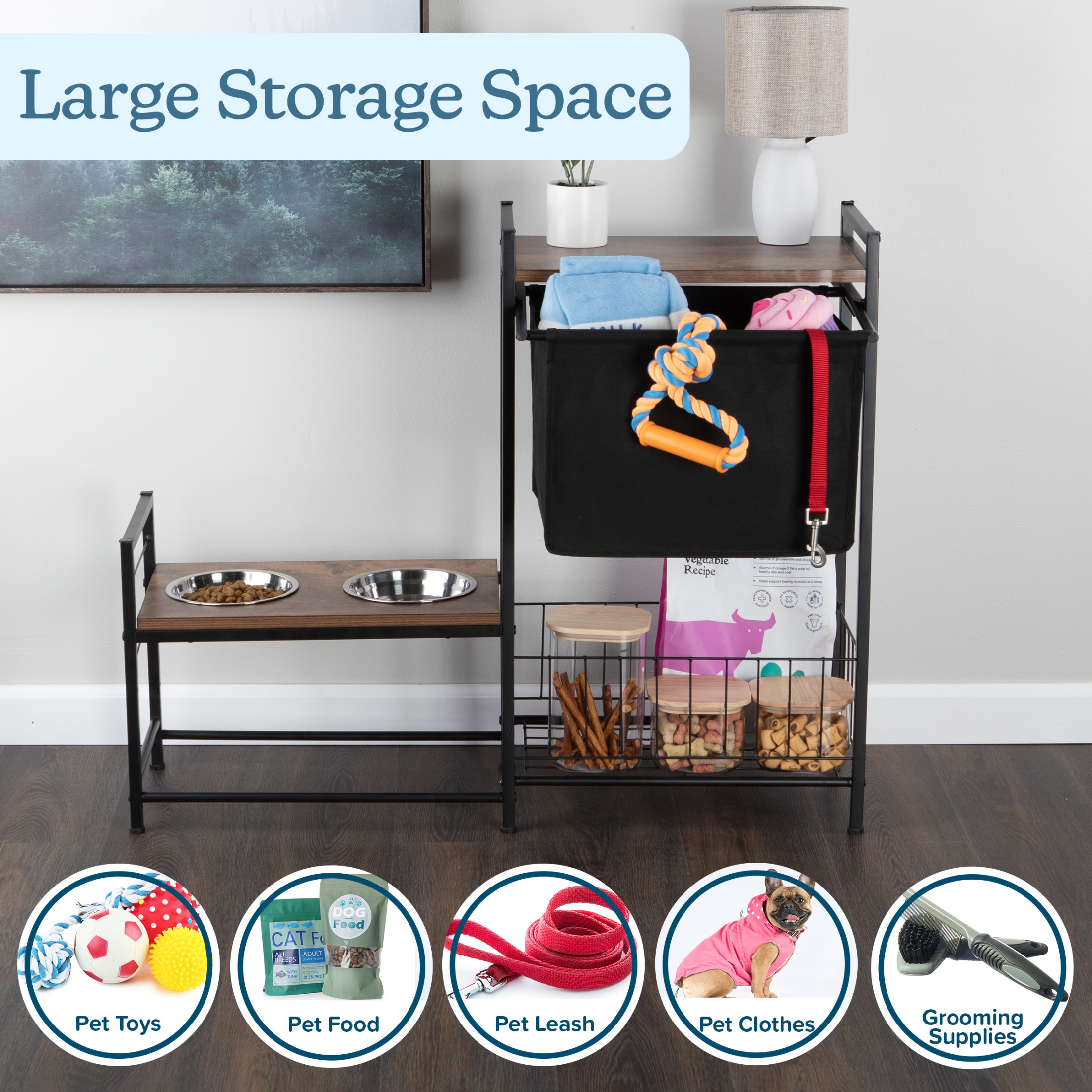PETMAKER Elevated Dog Bowl Stand with Storage, Toy Bin Basket, and Bowls