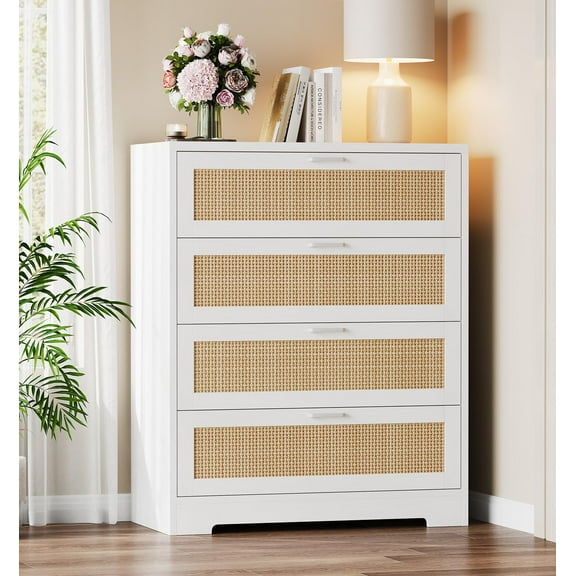 Tall Rattan Dresser with 4 Drawers, Storage Chest of Drawers for Bedroom or Living Room, Wooden Dresser