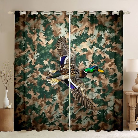 jejeloiu Rustic Camo Black Out Curtains,Mallard Duck Curtains Pack of 2 (42x63 Each),Green Brown Bedroom Curtains For Teens,Luxury Bedroom Decor