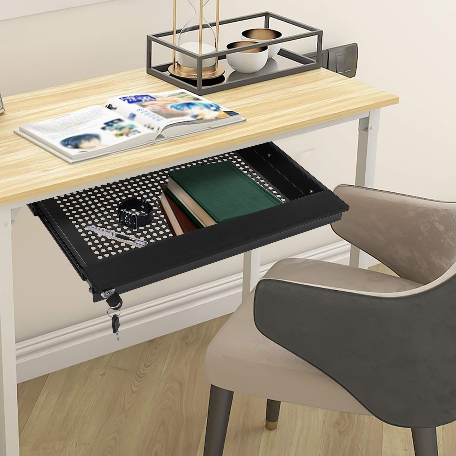 Modern Black Under-Desk Drawer Storage Organizer for Standing Desks Pull-out Drawer and Store Various Items